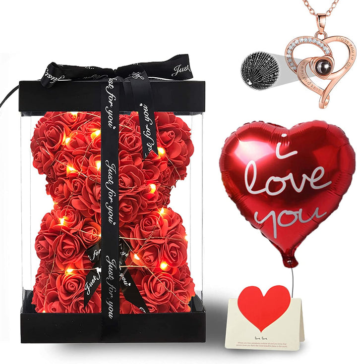 Red Rose Bear Gifts for Valentines Day, Flower Bear Rose Teddy Bear with Box Lights Necklace Balloon Card, Cute Romantic I Love You Mothers Day Anniversary Birthday Gifts & Decorations